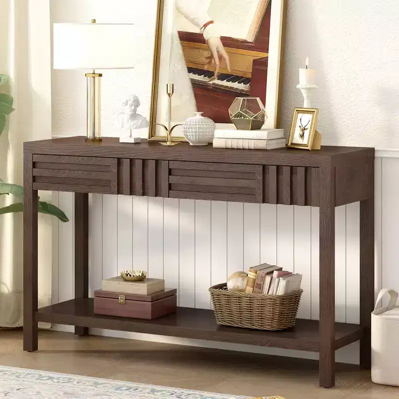 Console moderne en placage de frêne avec tiroirs et étagère ouverte