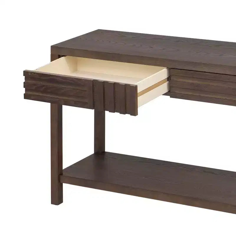Console moderne en placage de frêne avec tiroirs et étagère ouverte