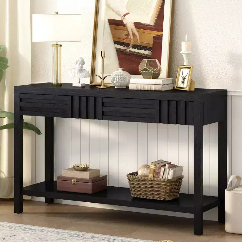 Console moderne en placage de frêne avec tiroirs et étagère ouverte