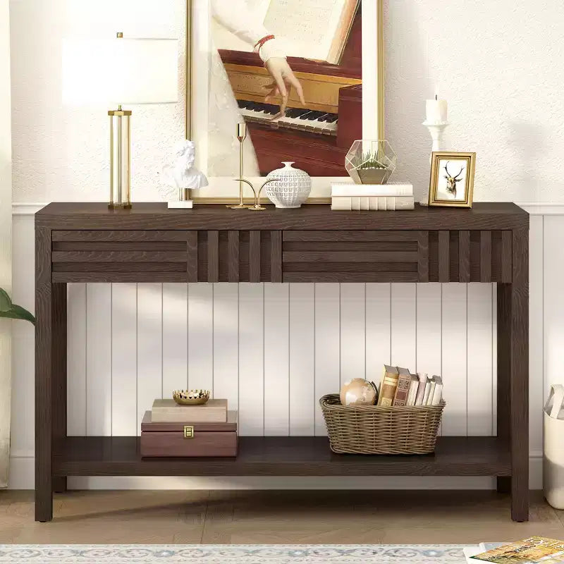 Console moderne en placage de frêne avec tiroirs et étagère ouverte