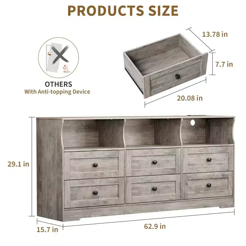 Commode de chambre à 6 tiroirs, commode en bois de 160 cm avec prises électriques