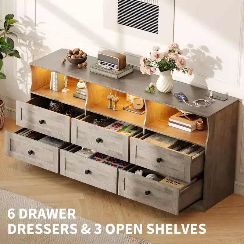Commode de chambre à 6 tiroirs, commode en bois de 160 cm avec prises électriques