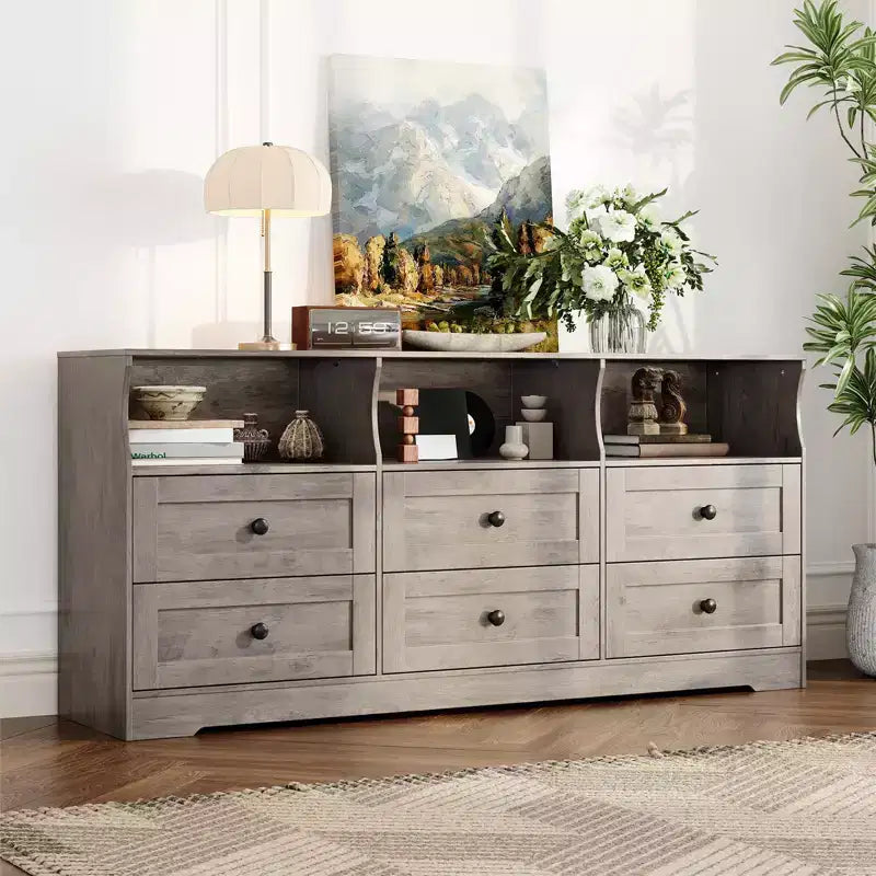 Commode de chambre à 6 tiroirs, commode en bois de 160 cm avec prises électriques