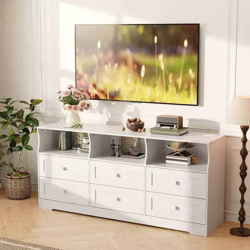 Commode de chambre à 6 tiroirs, commode en bois de 160 cm avec prises électriques