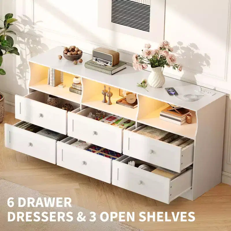 Commode de chambre à 6 tiroirs, commode en bois de 160 cm avec prises électriques
