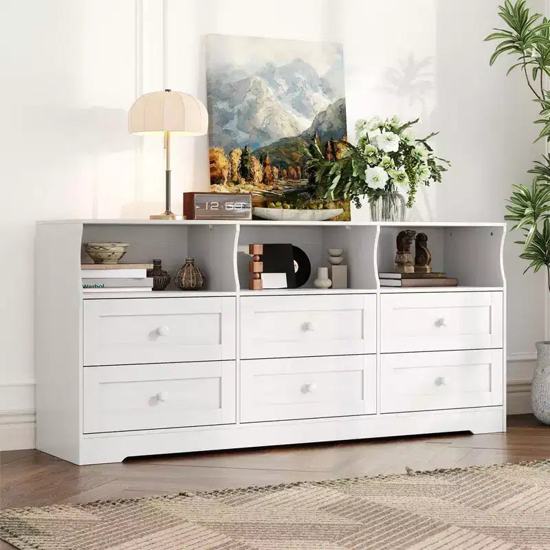 Commode de chambre à 6 tiroirs, commode en bois de 160 cm avec prises électriques