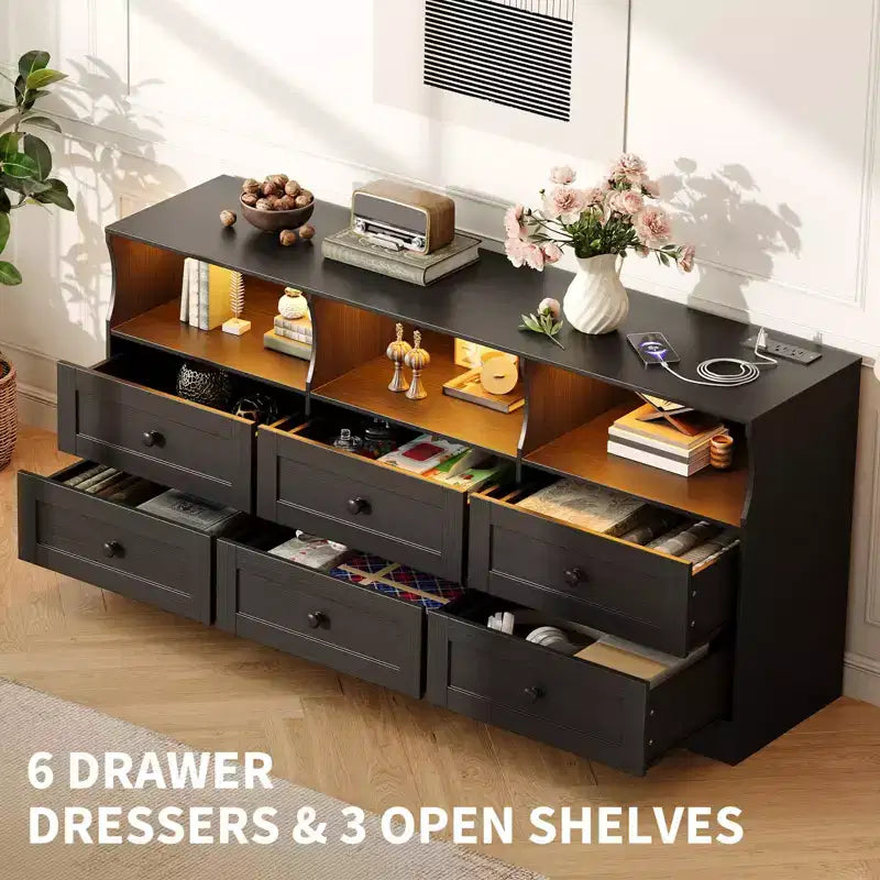 Commode de chambre à 6 tiroirs, commode en bois de 160 cm avec prises électriques