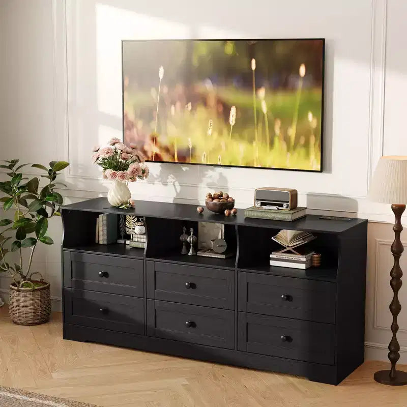 Commode de chambre à 6 tiroirs, commode en bois de 160 cm avec prises électriques