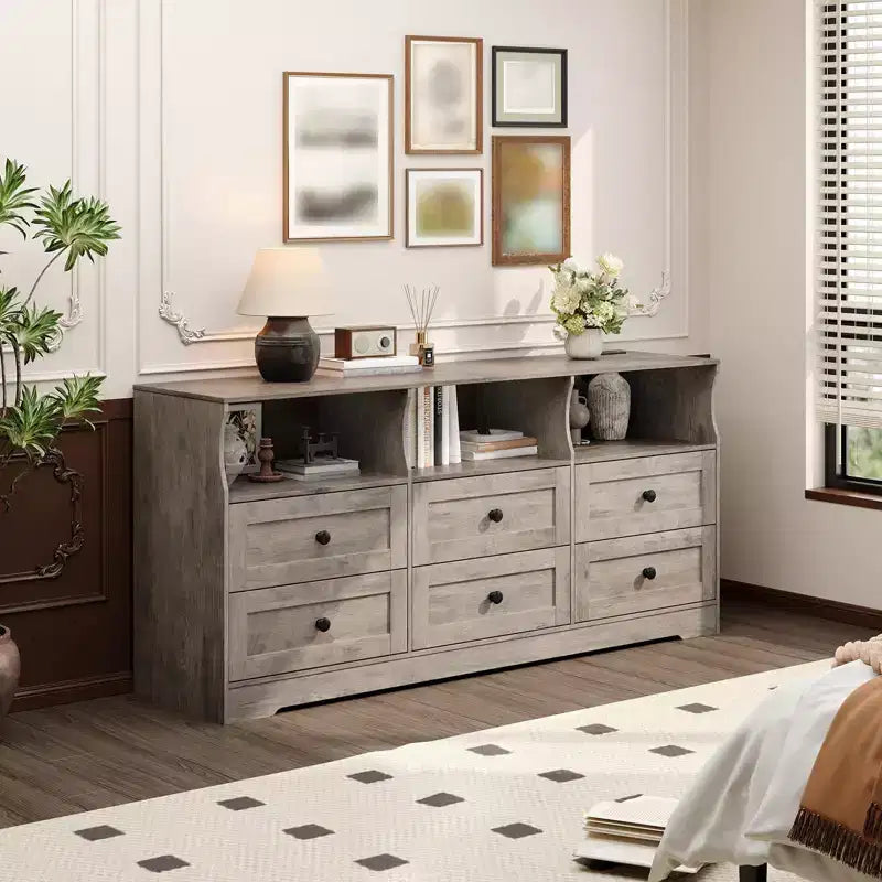 Commode de chambre à 6 tiroirs, commode en bois de 160 cm avec prises électriques