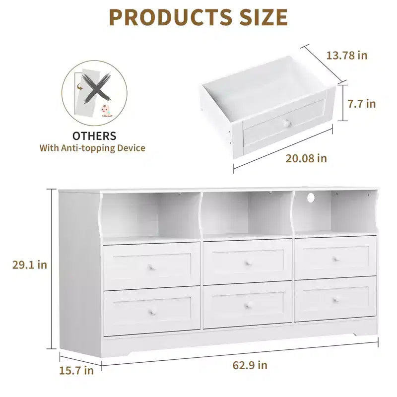 Commode de chambre à 6 tiroirs, commode en bois de 160 cm avec prises électriques
