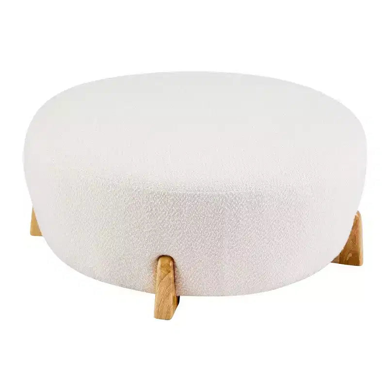 Pouf rond Boucle, repose-pieds moderne avec pieds en bois d'hévéa