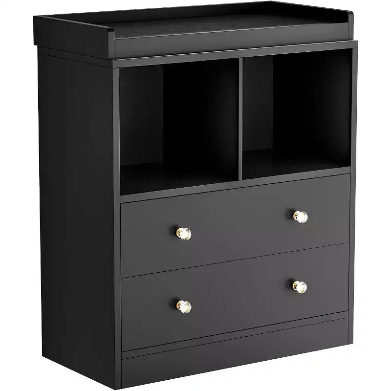 Modern 2-Drawer Nursery Changing Table with Media Shelves,Baby Dresser with Crystal Knobs, Diaper Storage Organizer, Anti-Tip Safety