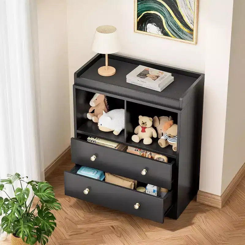 Table à langer moderne à 2 tiroirs avec étagères multimédia, Commode bébé