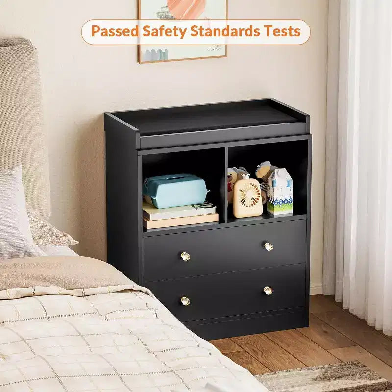 Table à langer moderne à 2 tiroirs avec étagères multimédia, Commode bébé