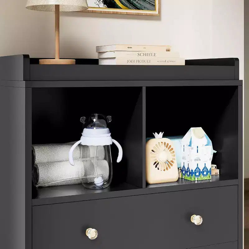 Table à langer moderne à 2 tiroirs avec étagères multimédia, Commode bébé