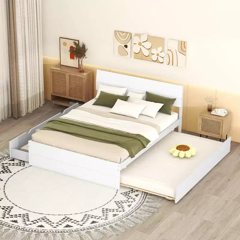 Modern Full Size Bed Frame With Twin Size Trundle And 2 Drawers, No Box Spring Needed, Platform Bed Frame For Bedroom, White