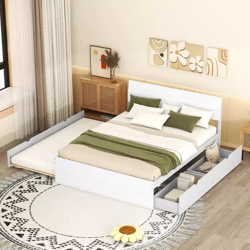 Cadre de lit double moderne avec lit gigogne simple et 2 tiroirs