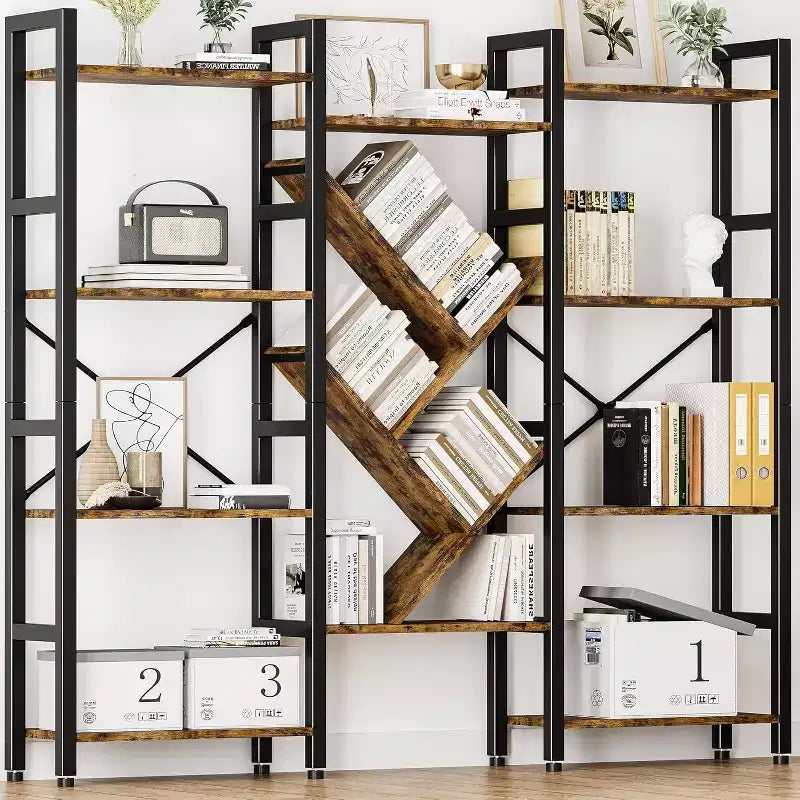 Triple 5-Tier Bookshelf, Wide Rustic Wooden Shelf Unit for Living Room, Bedroom, Office Display