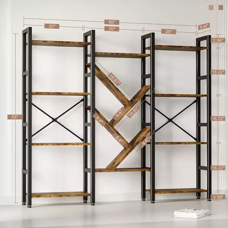 Étagère Triple à 5 Niveaux, Grande Unité d'Étagères Rustiques en Bois