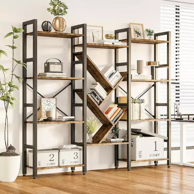 Étagère Triple à 5 Niveaux, Grande Unité d'Étagères Rustiques en Bois