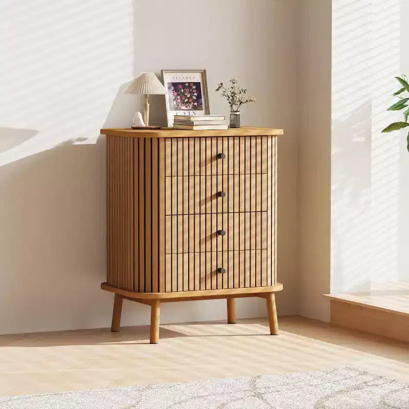 Acekool 4 Drawer Dresser with Vertical Grain, Modern MDF Chest with Wood Legs for Bedroom, Living Room, 60x40x80 cm