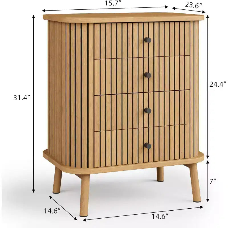 Commode à 4 tiroirs à grain vertical, commode moderne en MDF avec pieds en bois
