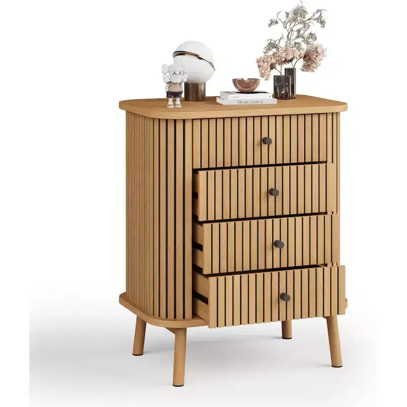 Commode à 4 tiroirs à grain vertical, commode moderne en MDF avec pieds en bois