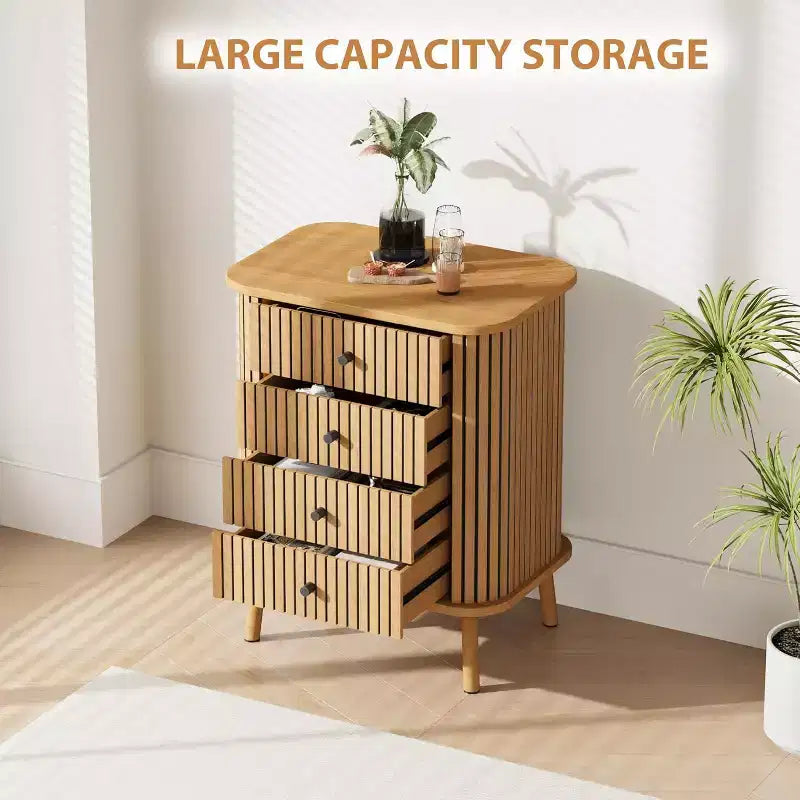 Commode à 4 tiroirs à grain vertical, commode moderne en MDF avec pieds en bois