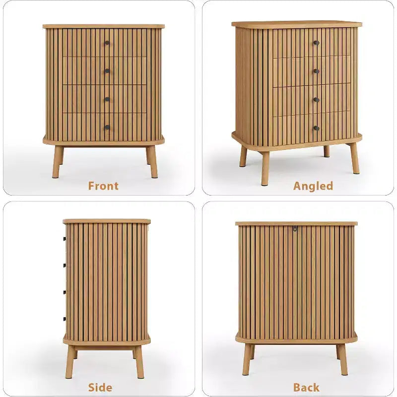 Commode à 4 tiroirs à grain vertical, commode moderne en MDF avec pieds en bois