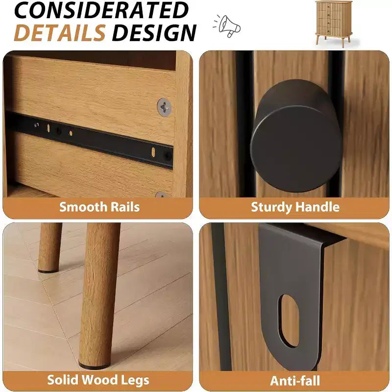 Commode à 4 tiroirs à grain vertical, commode moderne en MDF avec pieds en bois