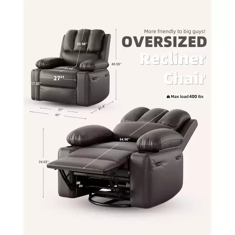 Fauteuil inclinable surdimensionné 27, canapé individuel en cuir PU avec pochette latérale