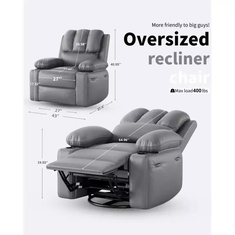 Fauteuil inclinable surdimensionné 27, canapé individuel en cuir PU avec pochette latérale