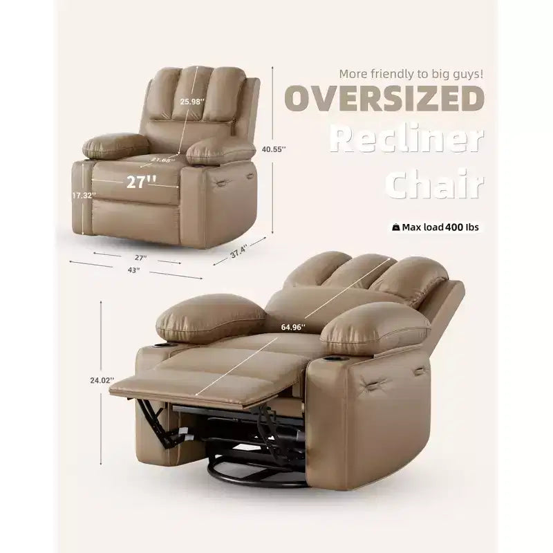 Fauteuil inclinable surdimensionné 27, canapé individuel en cuir PU avec pochette latérale