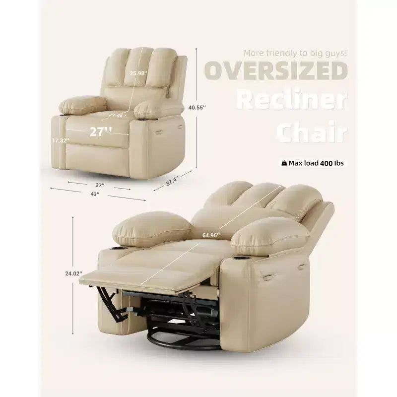 Fauteuil inclinable surdimensionné 27, canapé individuel en cuir PU avec pochette latérale