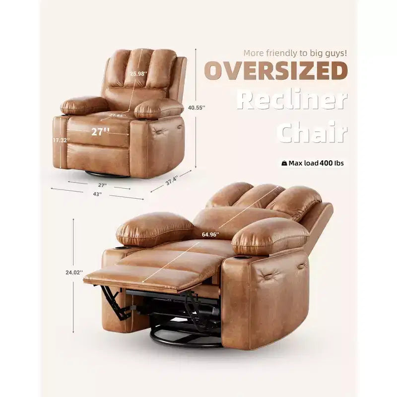 Fauteuil inclinable surdimensionné 27, canapé individuel en cuir PU avec pochette latérale