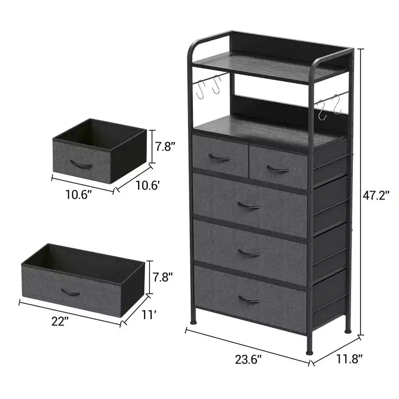 Commode 5 tiroirs en fer, MDF, PB et tissu non-tissé