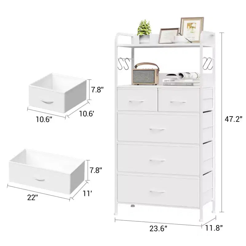 Commode 5 tiroirs en fer, MDF, PB et tissu non-tissé