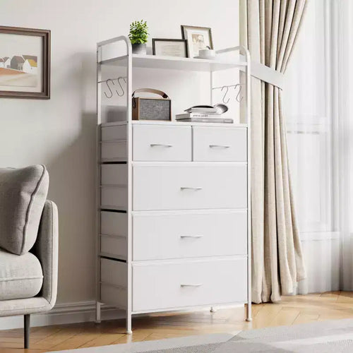 Commode 5 tiroirs en fer, MDF, PB et tissu non-tissé