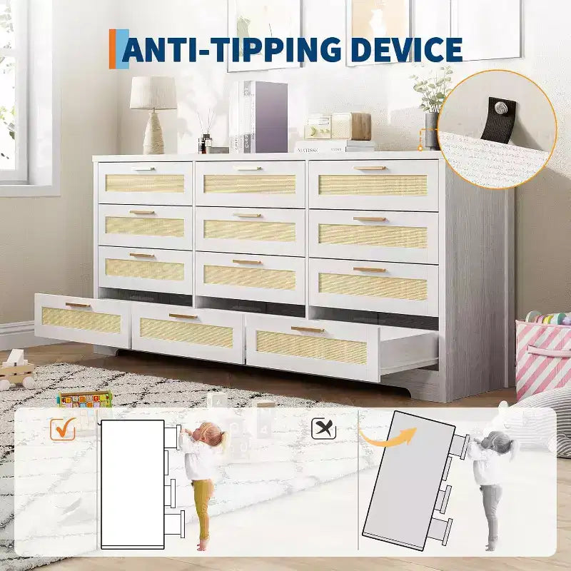 Commode 12 tiroirs, commode moderne avec poignées en bois