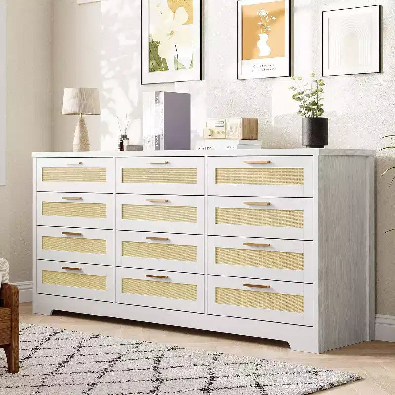 Commode 12 tiroirs, commode moderne avec poignées en bois