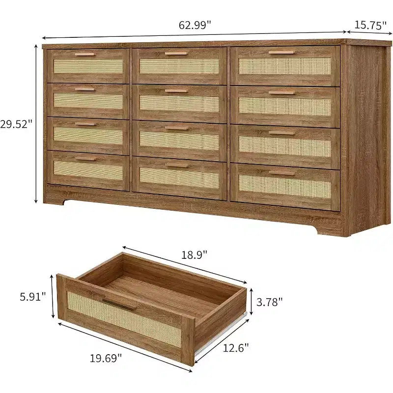 Commode 12 tiroirs, commode moderne avec poignées en bois