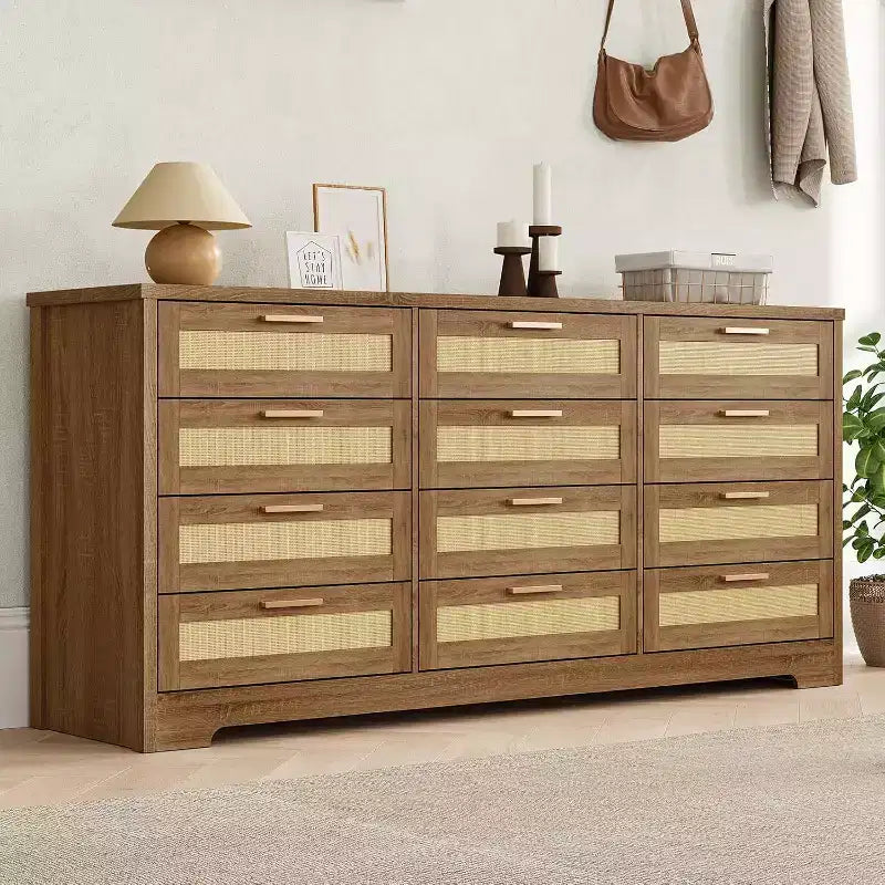 Commode 12 tiroirs, commode moderne avec poignées en bois