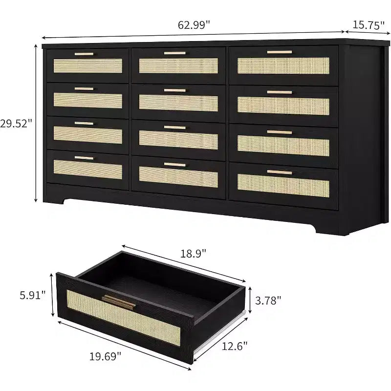 Commode 12 tiroirs, commode moderne avec poignées en bois