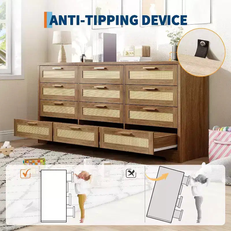 Commode 12 tiroirs, commode moderne avec poignées en bois