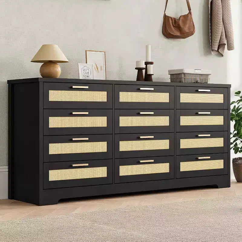 Commode 12 tiroirs, commode moderne avec poignées en bois