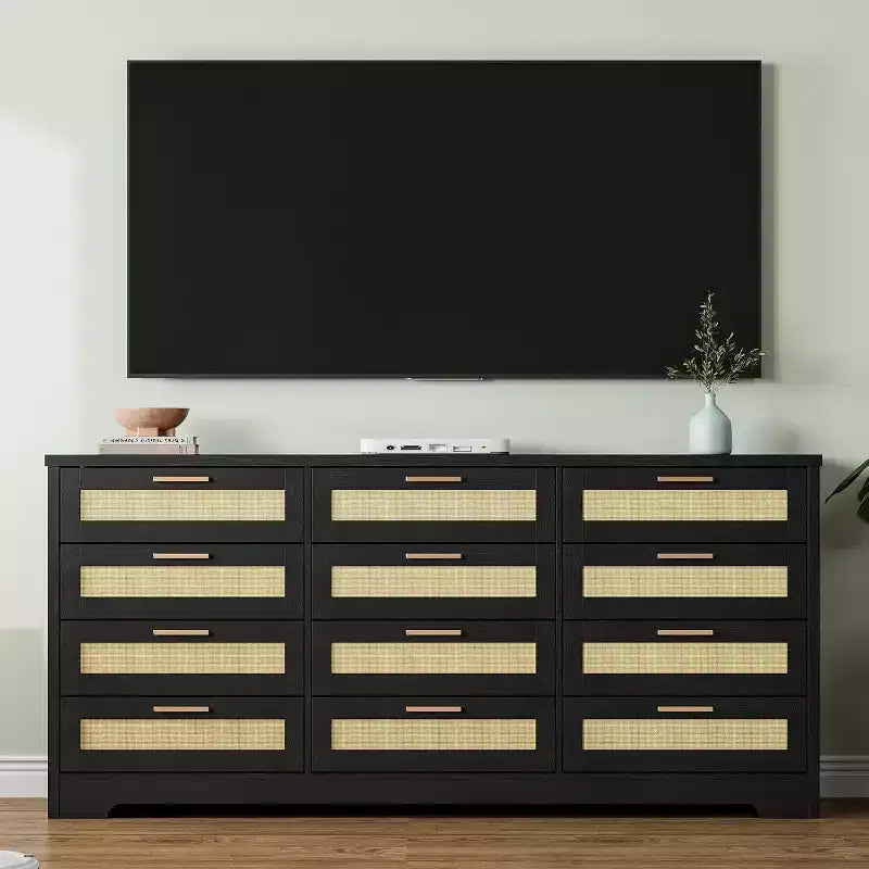 Commode 12 tiroirs, commode moderne avec poignées en bois