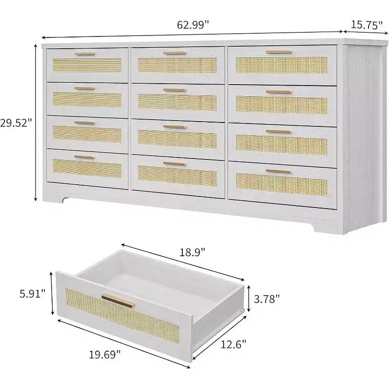 Commode 12 tiroirs, commode moderne avec poignées en bois
