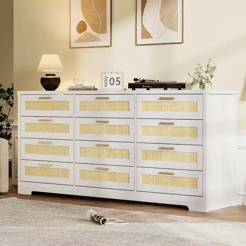 Commode 12 tiroirs, commode moderne avec poignées en bois