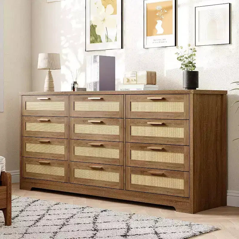 Commode 12 tiroirs, commode moderne avec poignées en bois