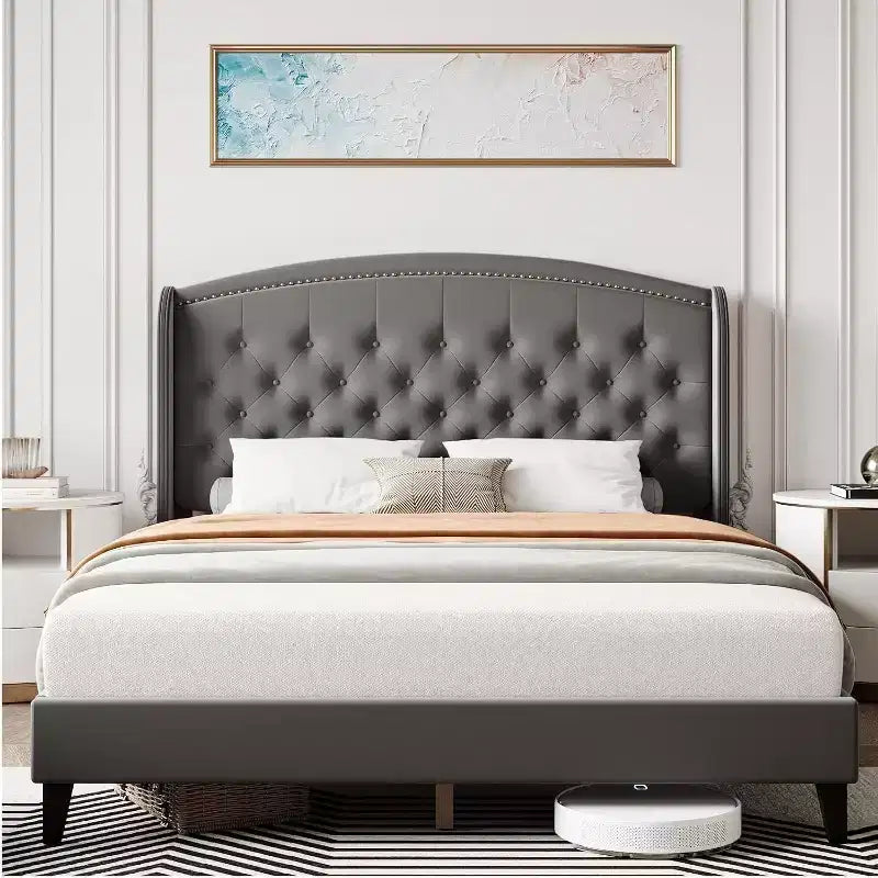 King Size Bed Frame, Soft Velvet Upholstered Platform Bed Frame with Wingback Headboard and Button Tufted Design, Wood Slat Support (Gray)